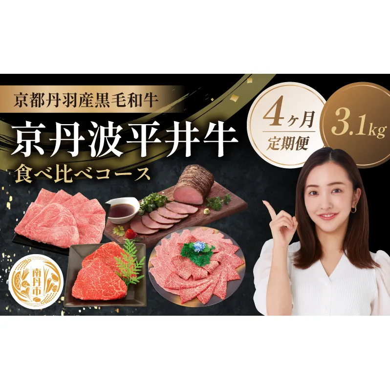 【4か月定期便】国産黒毛和牛 食べ比べコース 計3.1kg 京丹波平井牛