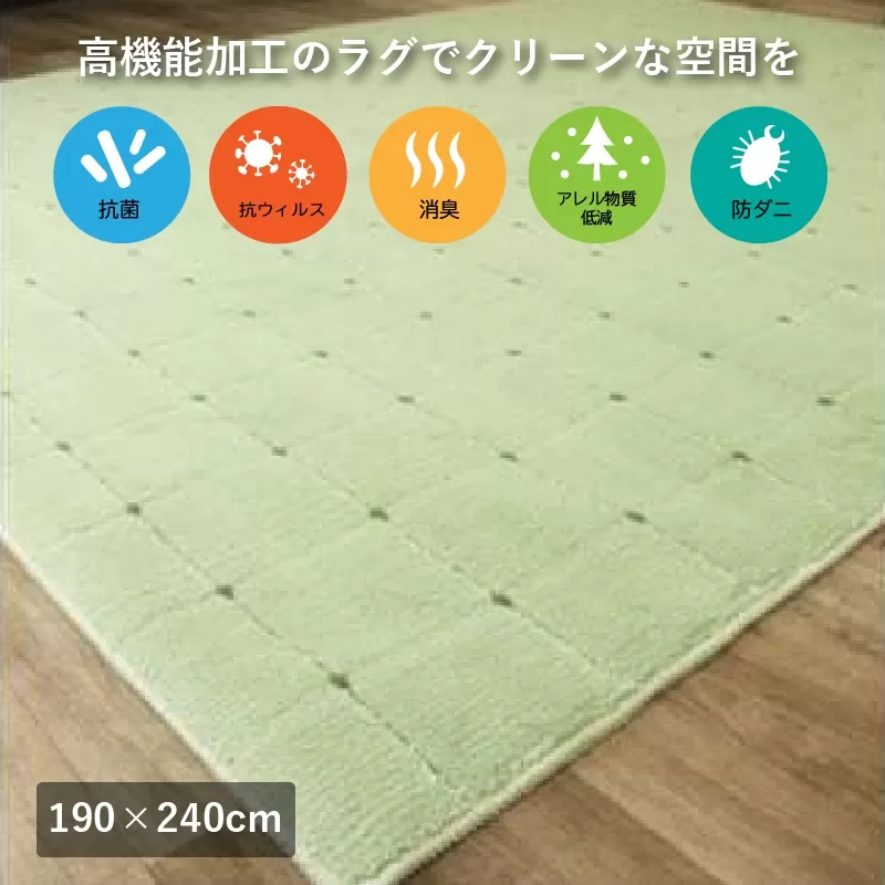抗ウィルス、抗アレル物質、抗菌、消臭、防ダニ【PT-5】カーペット 190×240 グリーン [0919]