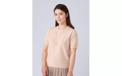日本製 カシミヤ100% レディース クルーネック半袖 サーモンピンク 2Lサイズ [2677]