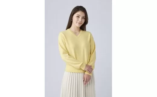 日本製 カシミヤ100% レディース Vネック イエロー 2Lサイズ [2564]