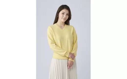 日本製 カシミヤ100% レディース Vネック イエロー Lサイズ [2563]