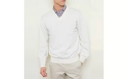 日本製 カシミヤ100% Vセーター 白 Mサイズ [2511]