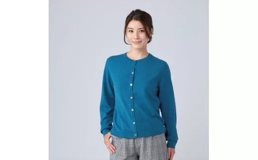 日本製 カシミヤ100% レディース クルーカーディガン ダークグリーン Lサイズ [2671]