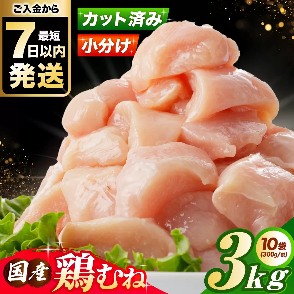 国産若鳥　鶏むね肉3kg(300g×10パック) 冷凍 小分け むね肉 鶏むね肉 鶏ムネ肉 ムネ肉 鶏胸肉 胸肉 鶏肉 大容量 大阪府高槻市/株式会社西日本児湯フーズ [AOCA006]