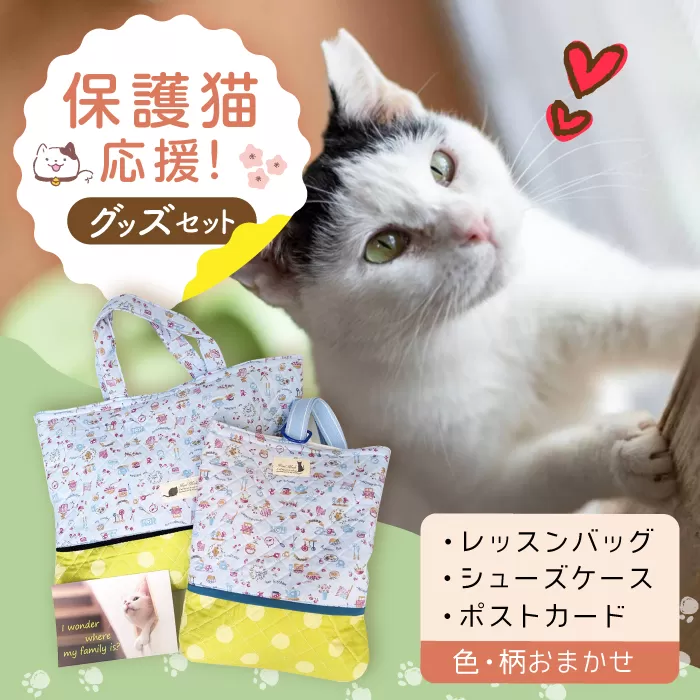 【保護猫応援！】グッズセット（レッスンバッグ女の子タイプ・シューズケース・ポストカード）　大阪府高槻市/高槻ねこの会・ねこのおうち [AOBR005] かわいい 猫 ねこ ネコ グッズ 保護猫 