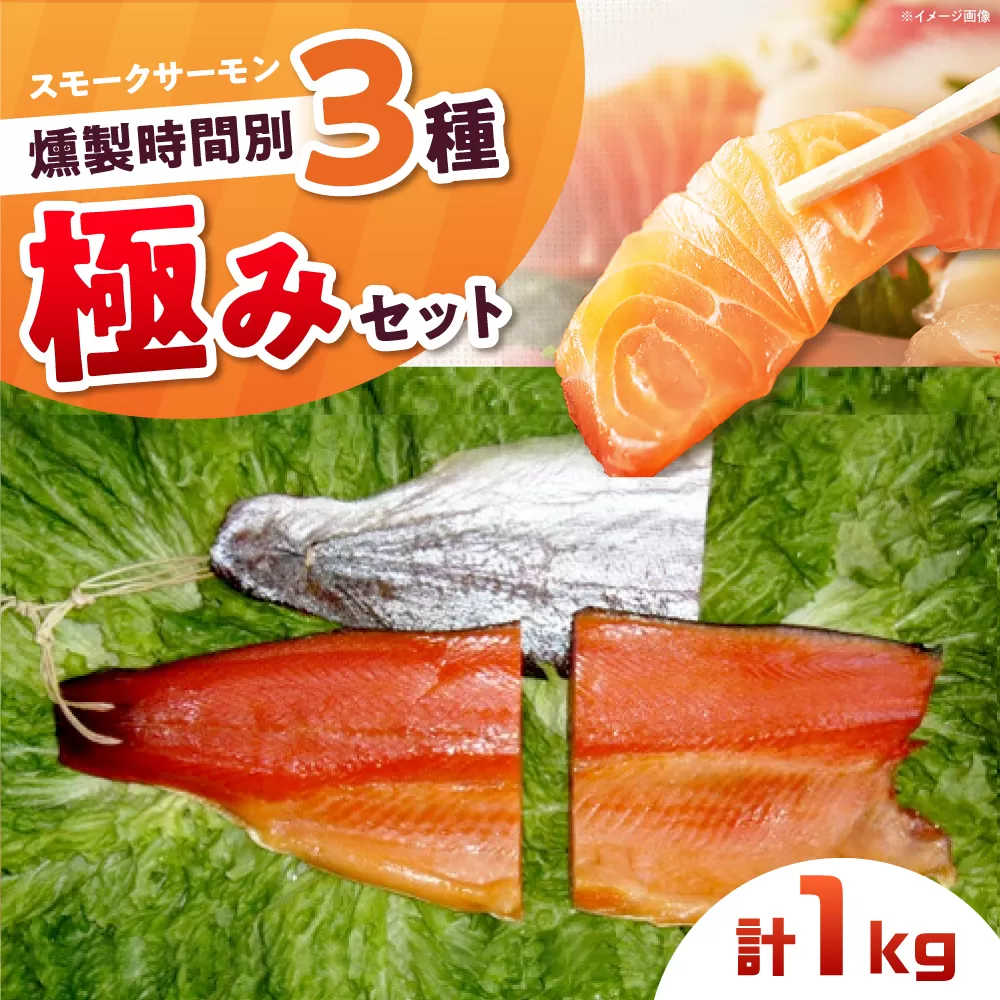 燻製 極み 桐箱入り 約1000g 3パック入り 12・24・36時間の燻製 食べ比べ 冷凍 サーモン 鮭 さけ サケ 魚 燻製 魚介 スモーク ギフト 大阪府高槻市/スモークサーモンのウエマツ [AOEF013]