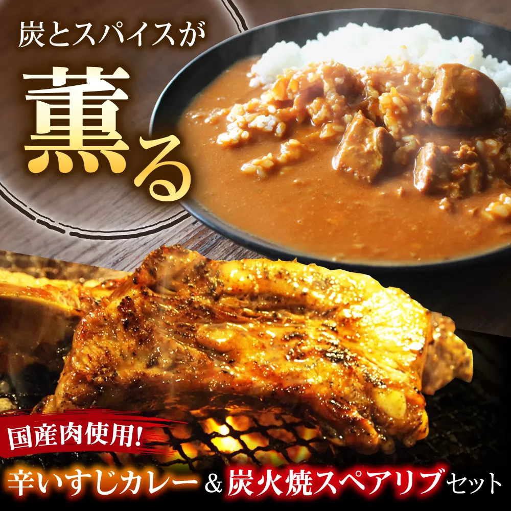 特大！炭焼きスペアリブ2本＆辛いすじカレー 冷凍 お取り寄せ グルメ 骨付き肉 温めるだけ 人気 ギフト 贈答 簡単調理 カレー カレーライス レトルト 大阪府高槻市/SCYグループ株式会社 [AOEG003]