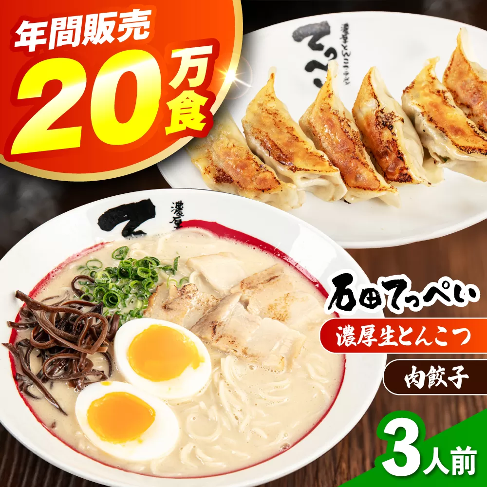 石田てっぺい 濃厚とんこつラーメン＆肉餃子 3人前セット 冷凍 餃子 ギョーザ ラーメン 豚骨ラーメン 惣菜 おかず 国産 大阪府高槻市/無人屋 [AOCX030]