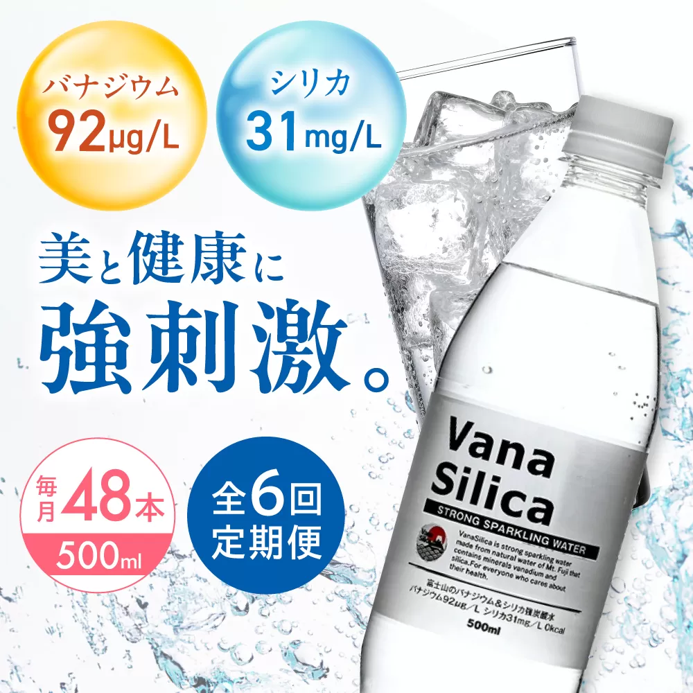 【全6回定期便】VanaSilica（バナシリカ） 富士山のバナジウム＆シリカ 強炭酸水 500ml 24本 2箱（計48本） 炭酸 強炭酸 炭酸水 大容量 ハイボール 割り材 割材 ペットボトル お水 飲料 飲料水 ドリンク 飲み物 備蓄 災害 大阪府高槻市/クリックル株式会社 [AOEH030]