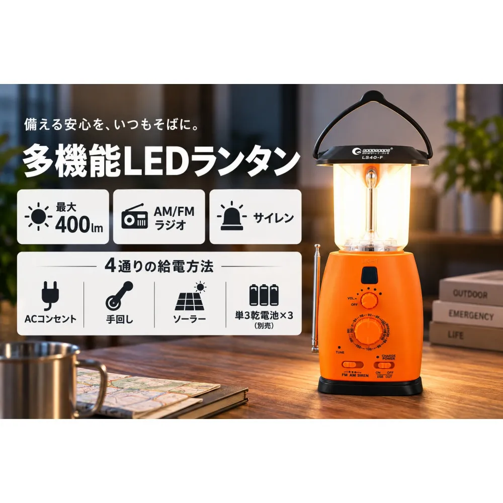 サイレン付 ラジオランタン 乾電池対応 4WAY電源 多機能 防災 ランタン ソーラーライト ラジオ 災害用 台風 地震 防災グッズ 停電対策 LEDランタン 防災ラジオ サイレン USB出力 AMラジオ FMラジオ 手回し 充電 ダイナモ モバイルバッテリー USB出力 キャンプ 停電対策 緊急用 LS40-F