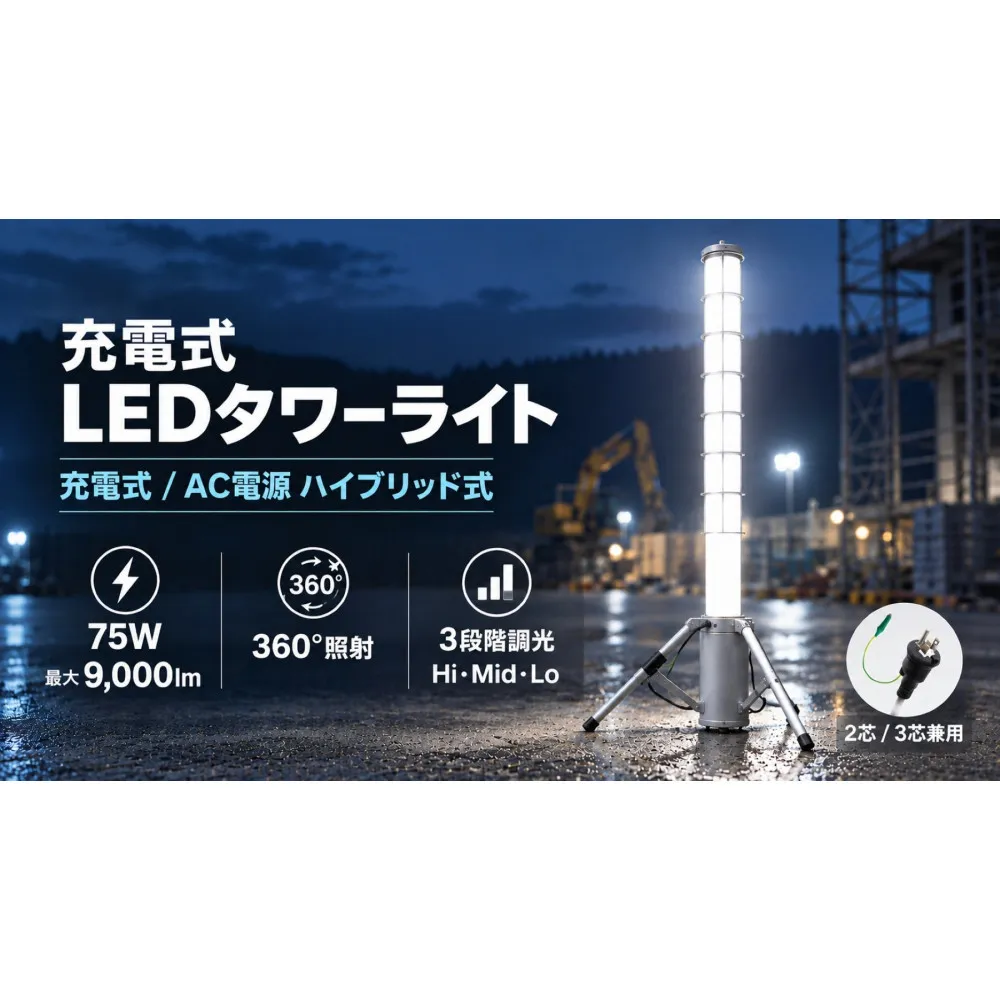 LED円柱ライト 75W 充電/給電 2WAY電源 9000lm ハイブリッド充電 リン酸鉄リチウム電池採用 GD-L75G