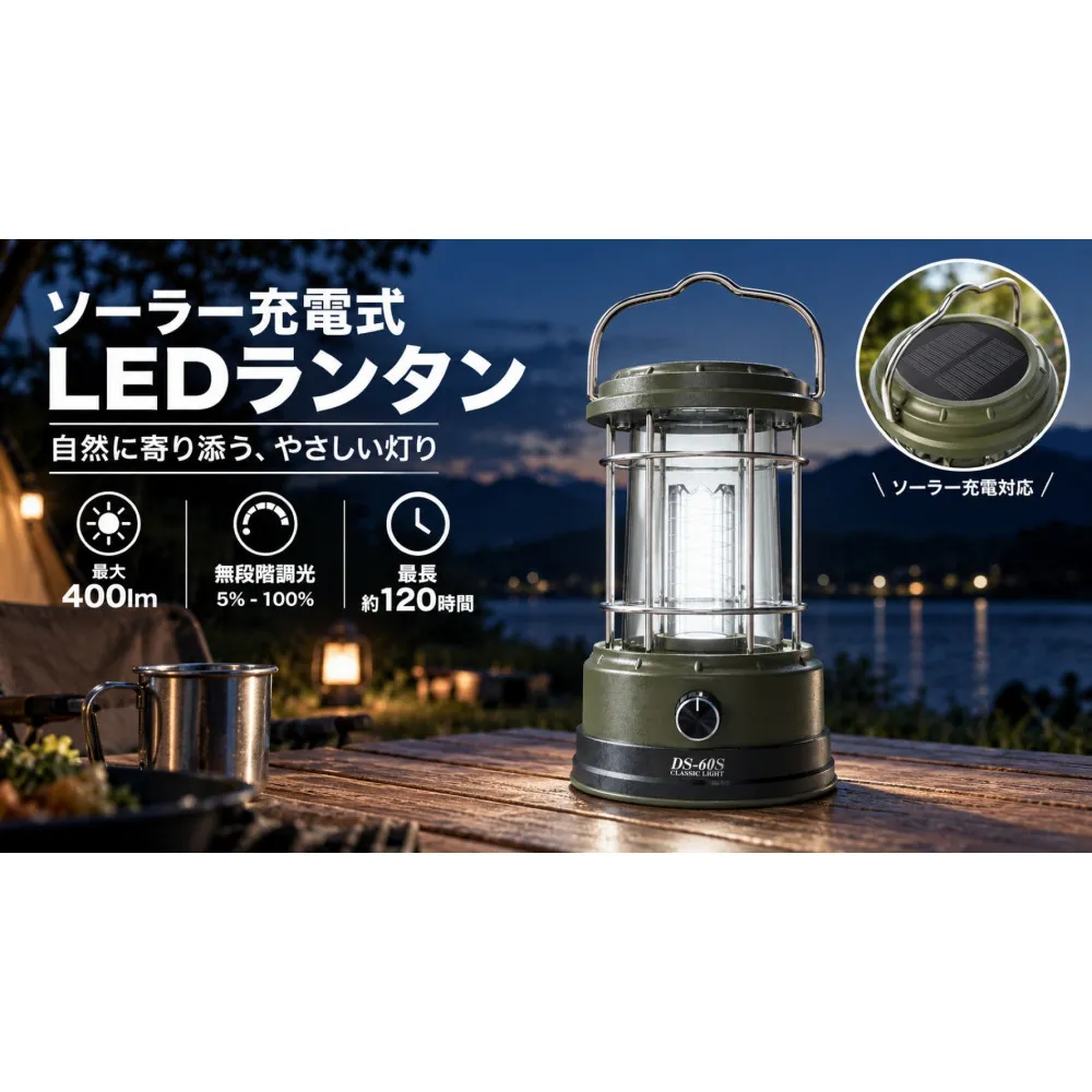 LEDランタン ソーラー充電 TYPE-C急速充電 らせん状の発光 カーキ おしゃれ 無段階調光 長時間点灯 キャンプ ソロキャンプ サブランタン テーブルランタン 夜釣り エコ 車中泊 読書灯 寝室照明 昼白色 スマホ充電 USB出力台風 地震 災害 停電 緊急時 アウトドア レジャー グランピング ベランディング  DS-60S