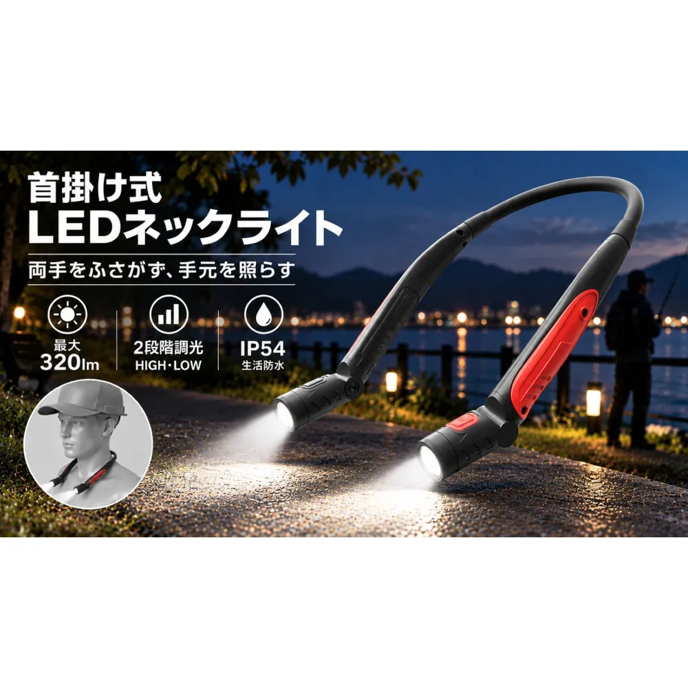 LEDネックライト 首にかけても重くない軽量設計 充電式 フレキシブルアーム 軽い 釣り フィッシング アウトドア レジャー 防災 HL-27K