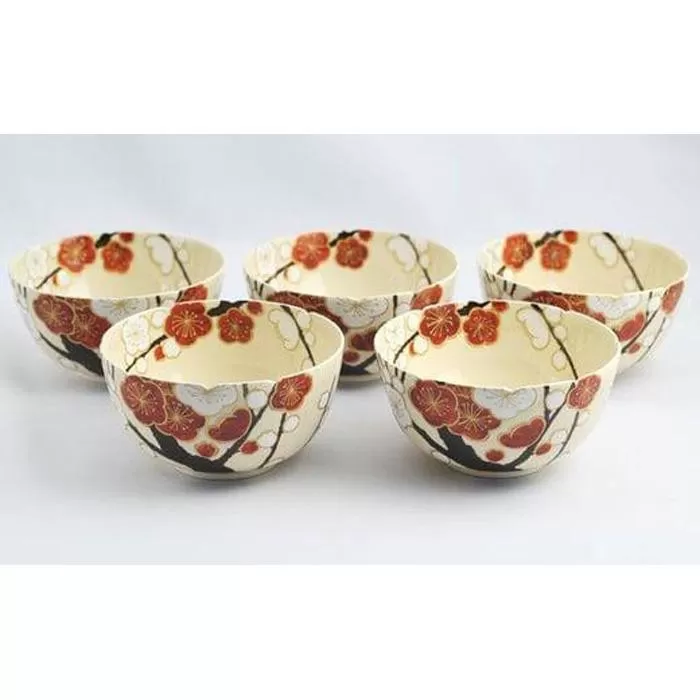 金彩 紅白梅紋輪花向付 5個【水間焼伏原窯】