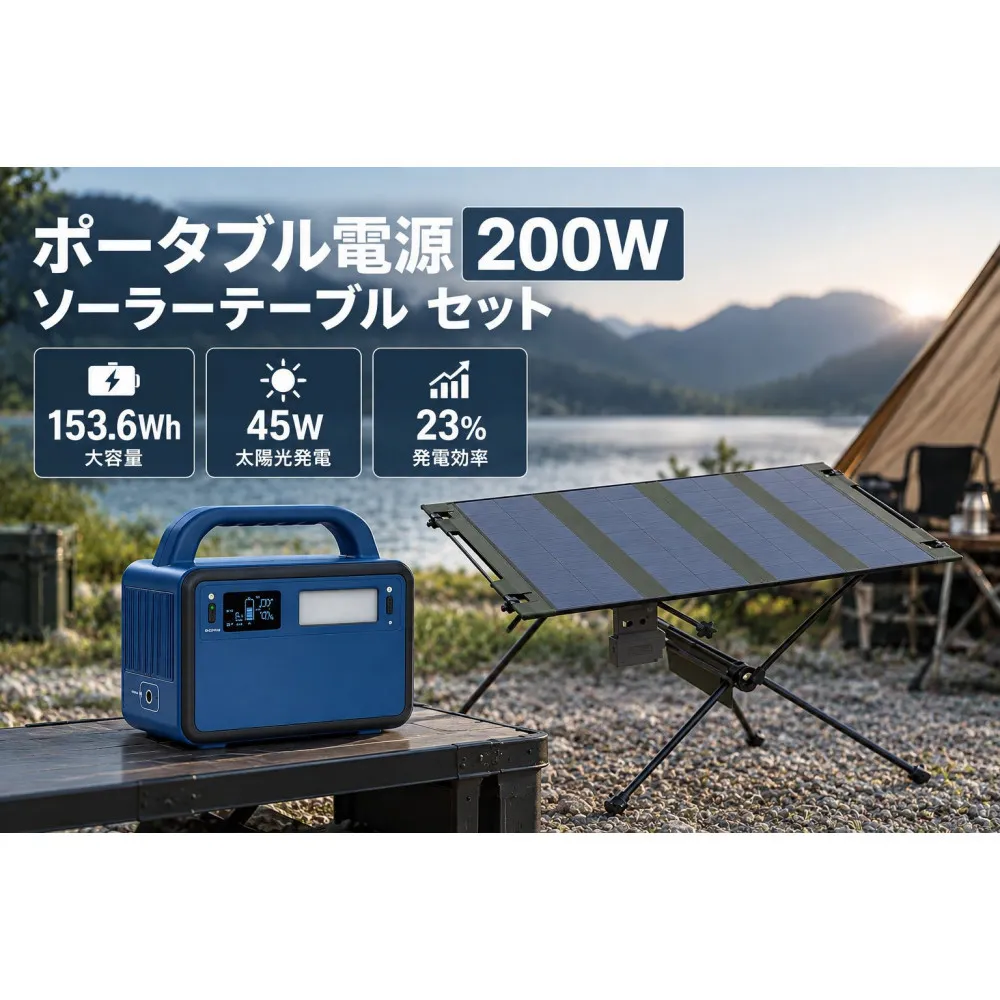 小型ポータブル電源＆テーブルにもなるソーラーパネルセット SET-200AT45B