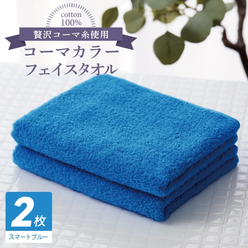コーマカラーフェイスタオル 2枚（スマートブルー) 【泉州タオル 国産 吸水 薄手 普段使い 無地 シンプル 日用品】 005A633