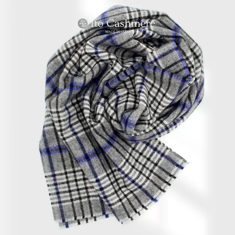 【100％ピュアカシミヤ】マフラー フリンジ無し グレーチェック【高級 カシミア おしゃれ ファッション 防寒 かしみあ】 099H3504