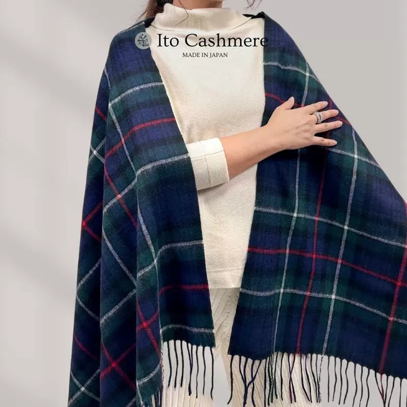 【100％ピュアカシミヤ】大判ストール フリンジ付き チェック柄 Tartan【高級 カシミア おしゃれ ファッション 防寒 かしみあ】 099H3509