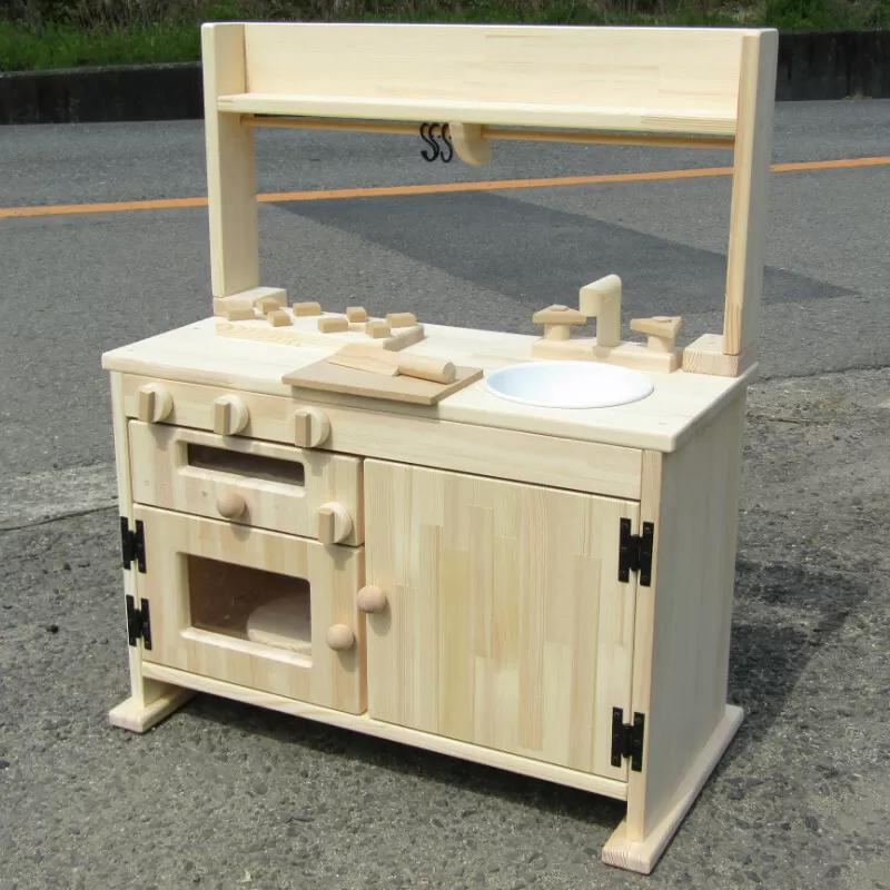 手作り木製「棚付」魚焼きグリル付きままごとキッチン ＧＨＫＲ　素材色バージョン 099H2157