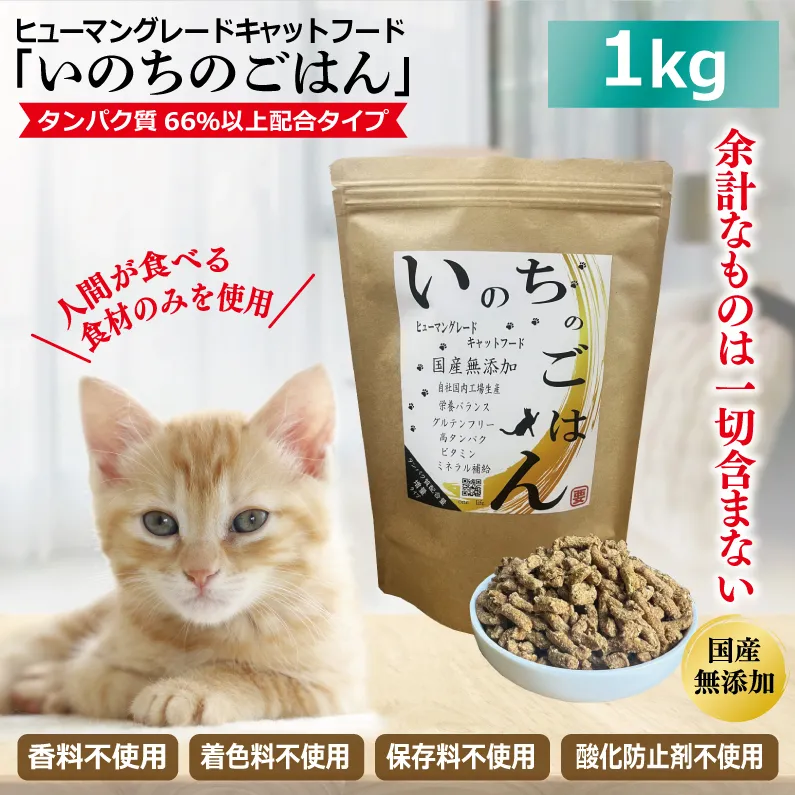 国産無添加 キャットフード 1kg「いのちのごはん」タンパク質 66％以上配合タイプ【猫 ねこ ペットフード チキン 手作り ヒューマングレード 国産】 020C436