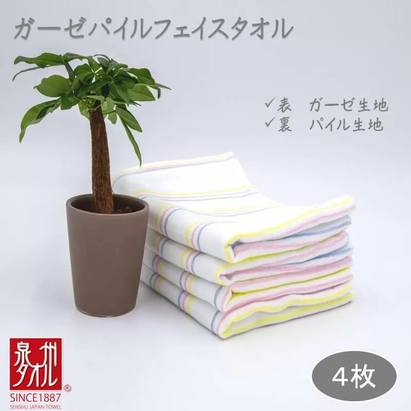 ボーダーカラー ガーゼパイルタオル 4枚【泉州タオル 国産 吸水 普段使い シンプル 日用品 家族 ファミリー】 099H2381