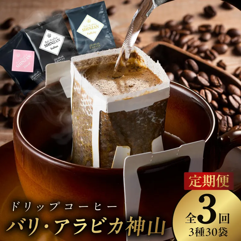ドリップコーヒー バリ アラビカ神山 3種30袋 定期便 全3回【毎月配送コース 珈琲 こーひー コーヒー 自家焙煎 オリジナル ギフト キャンプ アウトドア 家計応援】 099Z180