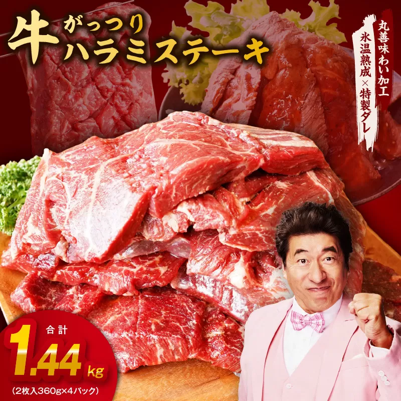 牛ハラミステーキ 1.44kg（2枚入り360g×4P）【氷温熟成×特製ダレ 味付き 牛肉 訳あり 不揃い 焼肉 BBQ】 mrz0044