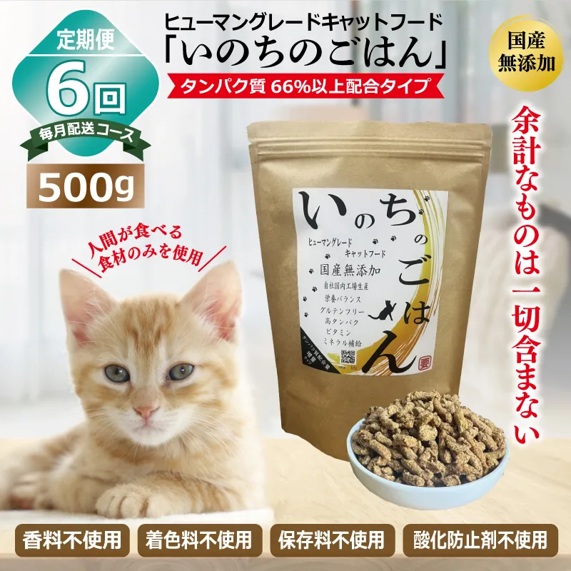 【定期便】国産無添加 キャットフード 500g×全6回「いのちのごはん」タンパク質 66％以上配合タイプ【猫 ねこ ペットフード チキン 手作り ヒューマングレード 国産 毎月配送】 099Z333