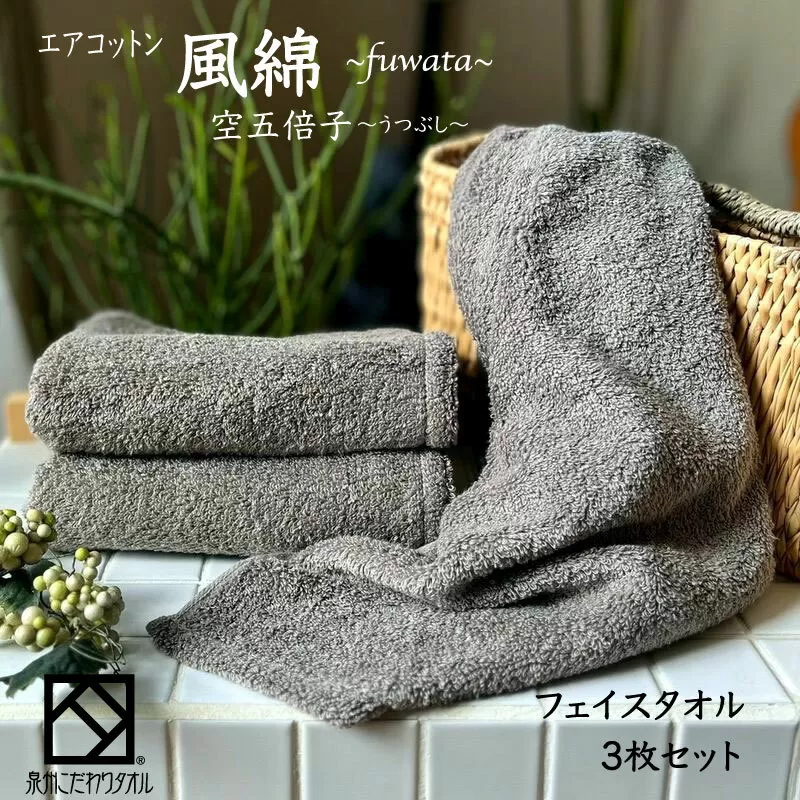 エアコットン風綿フェイスタオル 3枚(空五倍子) 【泉州タオル 国産 吸水 普段使い 無地 シンプル 日用品 家族 ファミリー】 010B1395