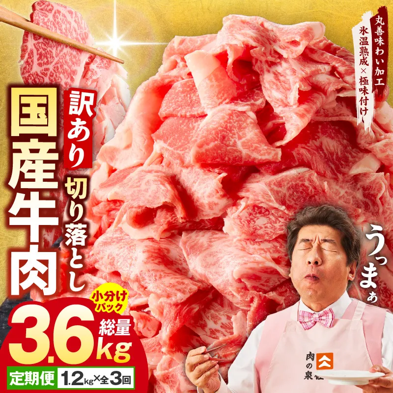 【定期便】国産 牛肉 切り落とし 1.2kg×全3回 総量 3.6kg【国産 牛肉 氷温熟成×極味付け 訳あり サイズ不揃い カレー 牛丼 野菜炒め 肉じゃが 家計応援 毎月配送コース】 099Z306