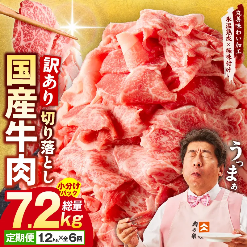 【定期便】国産 牛肉 切り落とし 定期便 1.2kg×全6回 総量 7.2kg【国産 牛肉 氷温熟成×極味付け 訳あり サイズ不揃い カレー 牛丼 野菜炒め 肉じゃが 家計応援 毎月配送コース】 099Z307