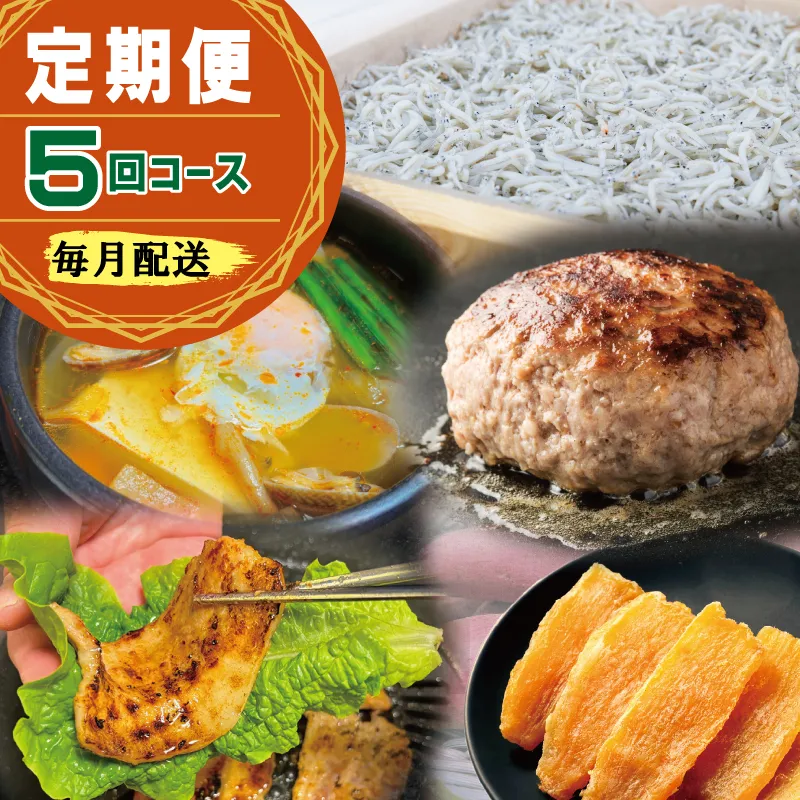 店主セレクト 食べ比べ 定期便 全5回（ハンバーグ／しらす／スンドゥブチゲ／サムギョプサル／干し芋）【毎月配送コース】 099Z499