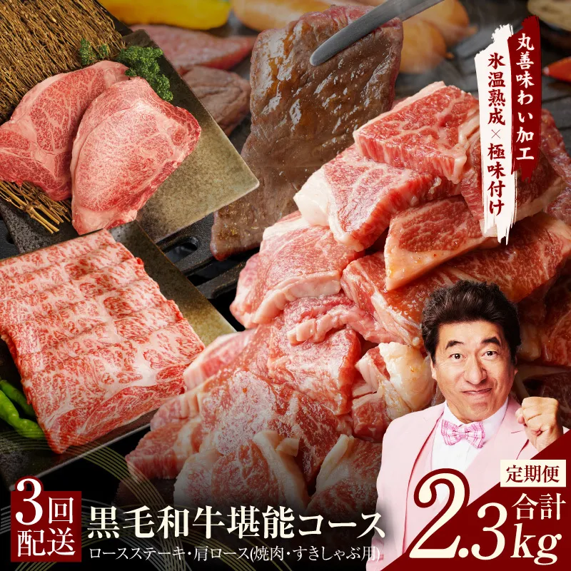 黒毛和牛 定期便 全3回 （ステーキ／すき焼き・しゃぶしゃぶ／焼肉）堪能コース 丸善味わい加工【毎月配送コース】 mrzZ003