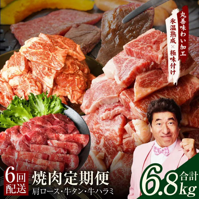 焼肉定期便 総量6.8kg（肩ロース／牛タン／牛ハラミ）全6回 丸善味わい加工【毎月発送コース】 mrzZ011