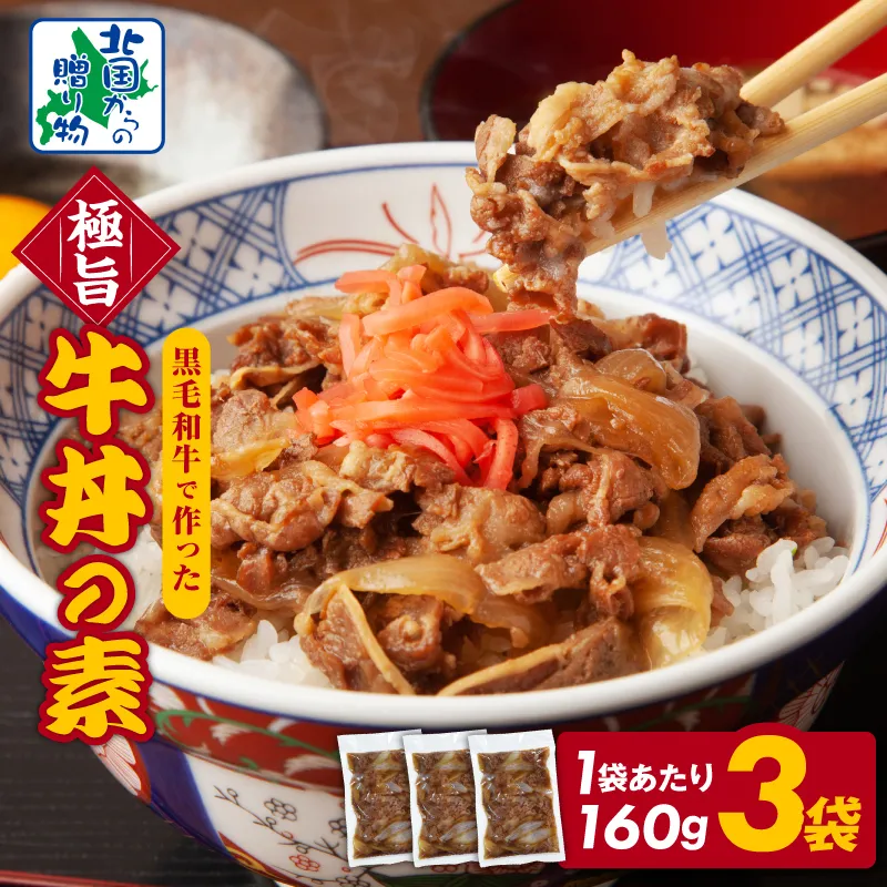 【黒毛和牛】極旨 牛丼の素 160g×3袋【小分け 時短 簡単便利 レンチン 夜食 つまみにもオススメ 北国からの贈り物】 099H3431