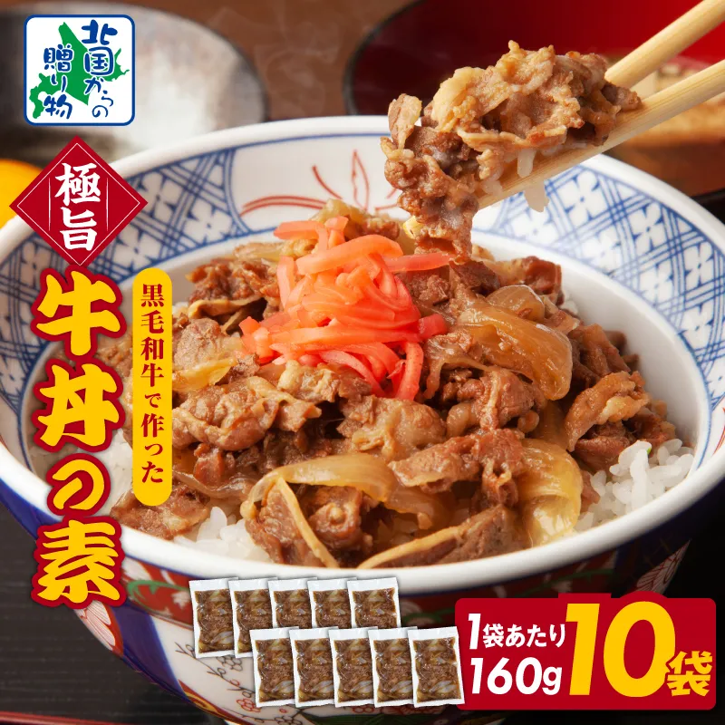 【黒毛和牛】極旨 牛丼の素 160g×10袋【小分け 時短 簡単便利 レンチン 夜食 つまみにもオススメ 北国からの贈り物】 020C401