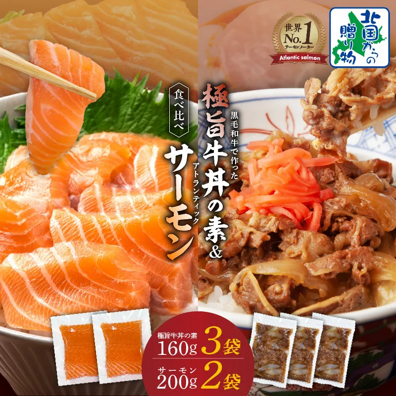 黒毛和牛 極旨牛丼の素（160g×3袋）＆人気のアトランティックサーモン（200g×2袋）【食べ比べ 小分け 時短 簡単便利 つまみにもオススメ 北国からの贈り物】 099H3433
