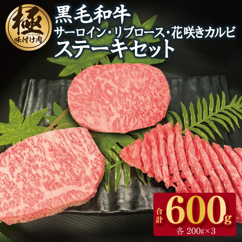 黒毛和牛 サーロイン/リブロース/花咲カルビ ステーキ 食べ比べセット 合計600g（200g×3種）【極味付け肉】 CFX0041