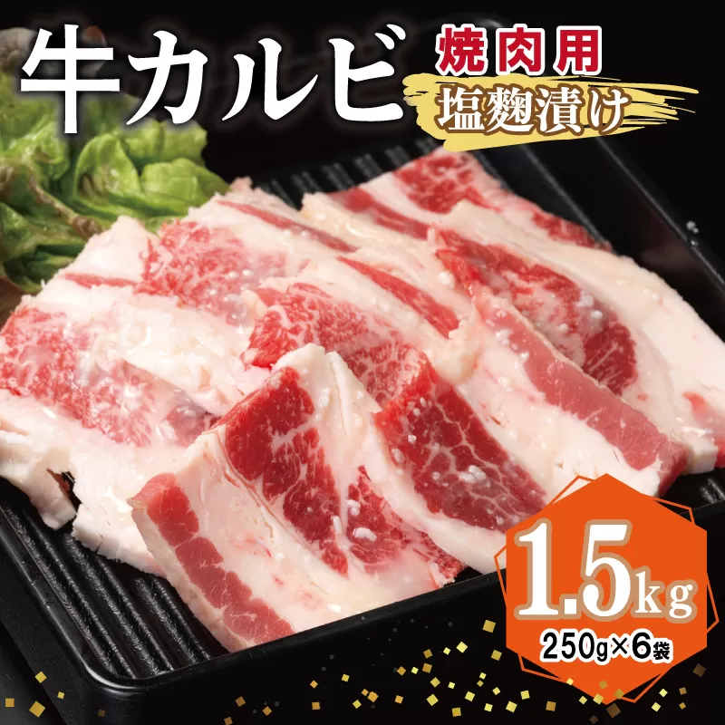 牛カルビ 焼肉用 塩麹漬け 合計1.5kg【味付け 小分け 焼くだけ 簡単調理 BBQ 牛肉 250g×6袋】 015B369