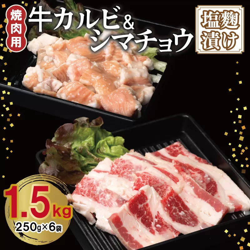 牛カルビ＆シマチョウ 塩麹漬け 焼肉セット 合計1.5kg【味付け 小分け 焼くだけ 簡単調理 BBQ 250g×6袋 牛肉 ホルモン】 099H3398