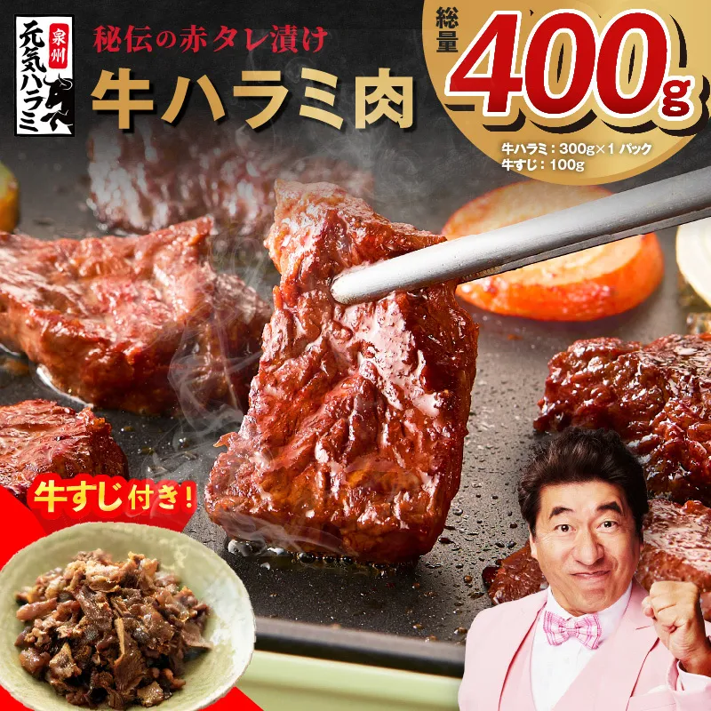【お試し】牛ハラミ 300g+牛すじ 100g【お試し 秘伝の赤タレ漬け 牛肉 焼肉用 焼くだけ はらみ 小分け BBQ やきにく 肉厚 高評価 訳あり サイズ不揃い】 G1759
