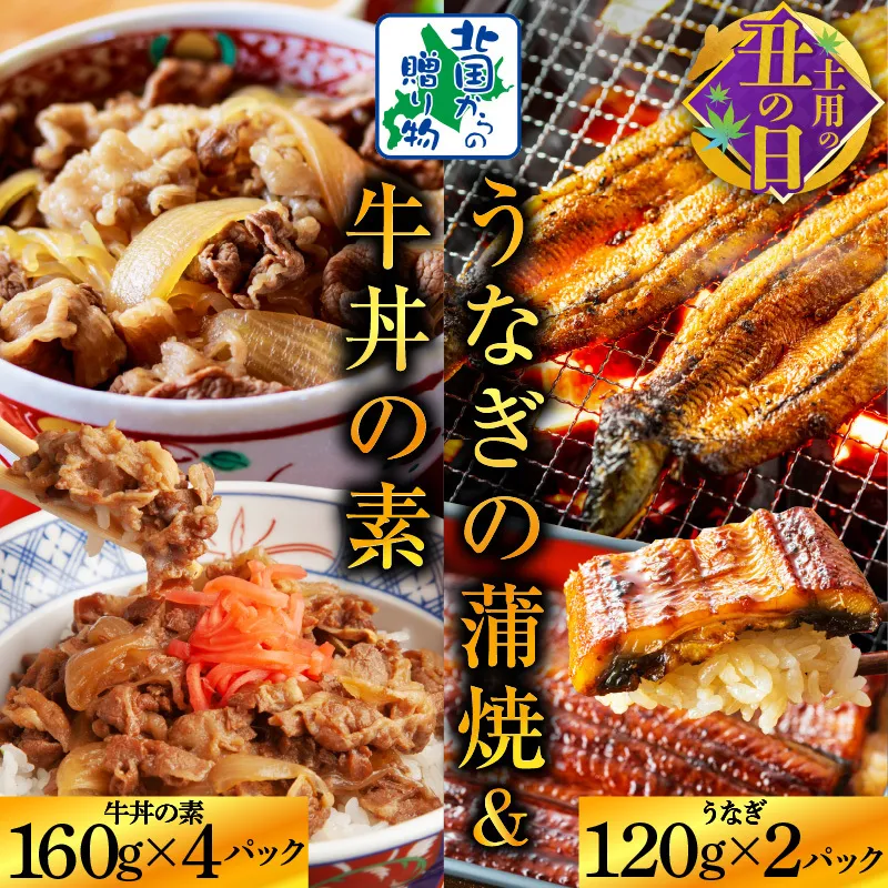 【土用の丑の日までにお届け】五郎藤 国産 関西風 地焼き有頭旨鰻 120g×2尾＆黒毛和牛で作った牛丼の素 160g×4パック【丼食べ比べ】 020C403c