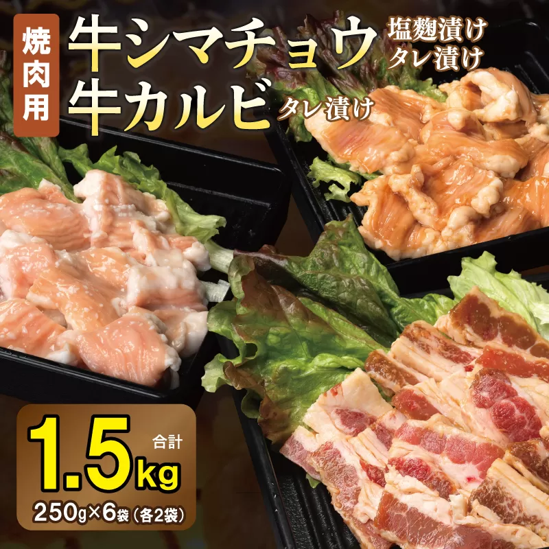 牛シマチョウ（タレ漬け+塩麹）＆タレ漬け牛カルビの焼肉セット  合計1.5Kg（1袋250ｇ×各2袋） 【味付け 小分け 焼くだけ 簡単調理 BBQ 牛肉 ホルモン 250g×6袋】 010B1668
