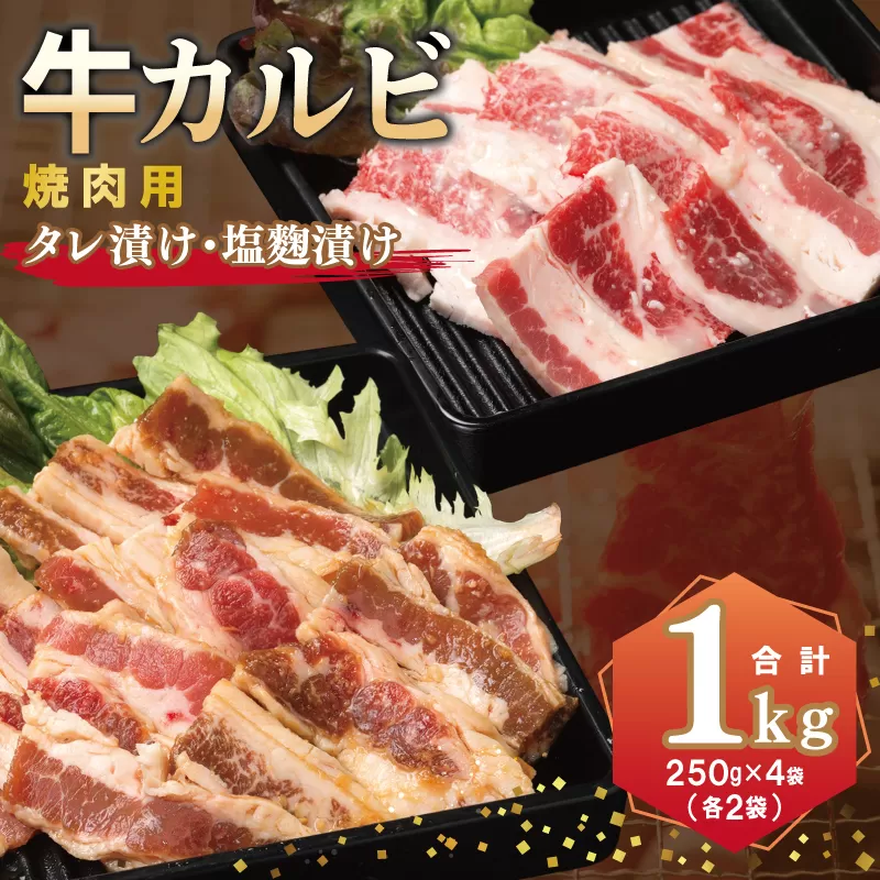 牛カルビ 焼肉用 タレ漬け+塩麹漬け 合計1kg（250g×各2袋） 【味付け 小分け 焼くだけ 簡単調理 BBQ 牛肉 250g×4袋】 010B1669