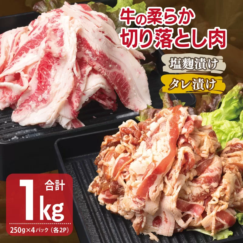 牛肉 切り落とし タレ漬け+塩麹漬け 合計1kg（250g×各2袋） 【味付け 小分け 焼くだけ 簡単調理 BBQ 牛肉 250g×4袋】 010B1670
