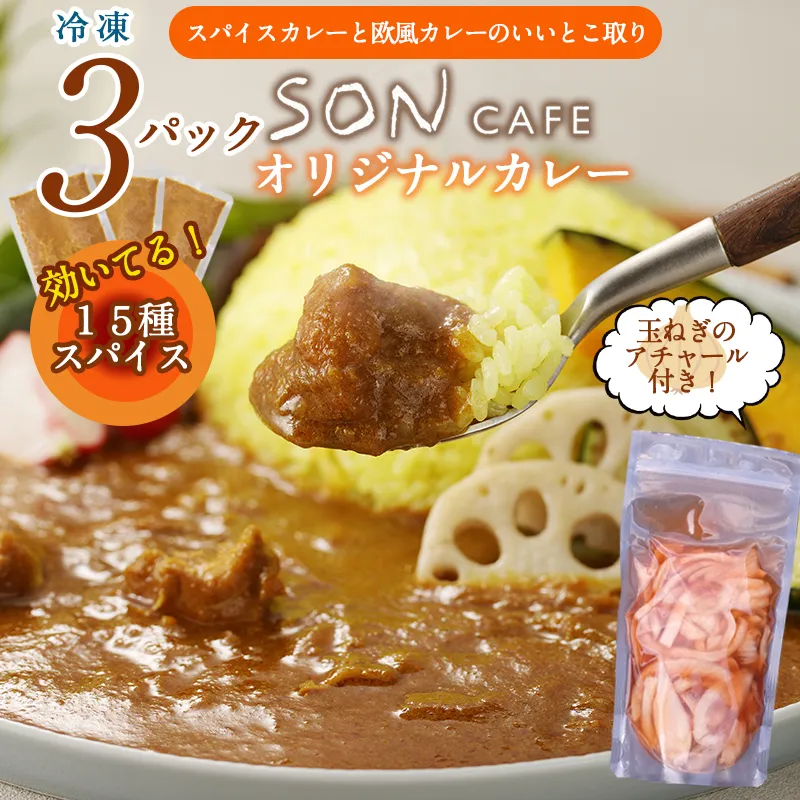 【スピード発送】15種スパイスを使用したSONカフェ特製カレー 200g×3P&玉ねぎのアチャール×1P  いずみピクルス NSW 010B1728