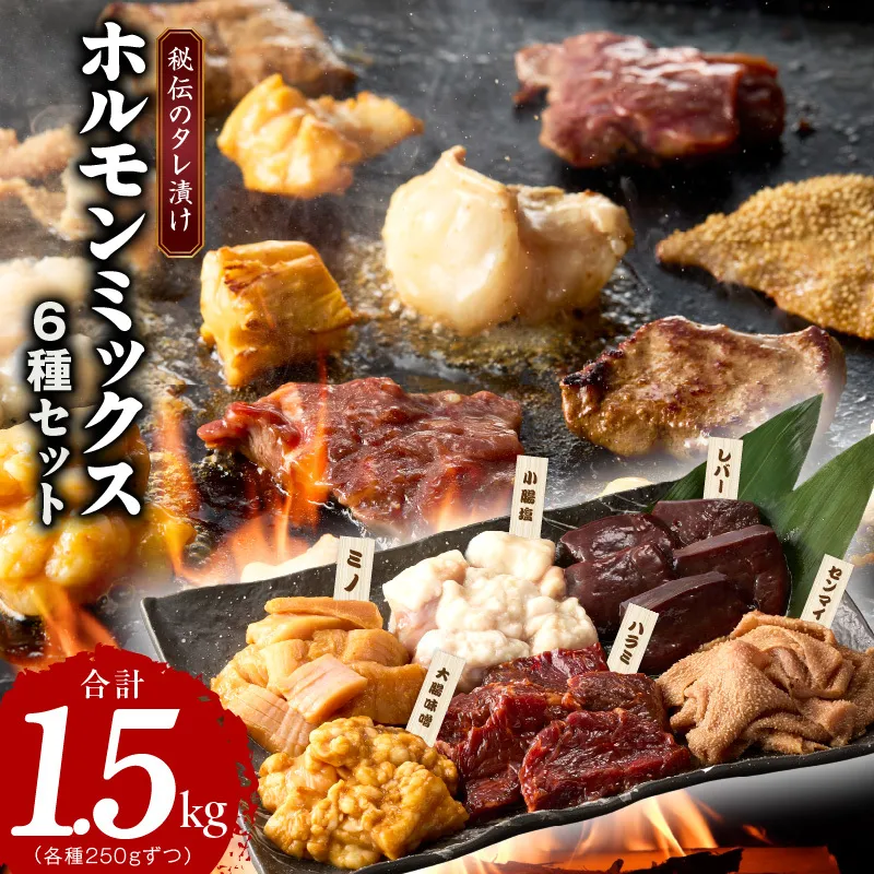 【年内発送】ホルモンミックス 6種セット 合計 1.5kg 秘伝のタレ漬け【食べ比べ 250g×6種 小分け 焼肉 牛肉 ハラミ ミノ センマイ レバー 小腸 大腸 】 G1785y