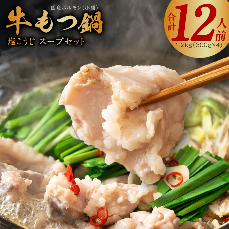 【年内発送】牛もつ鍋 約12人前 国産ホルモン（小腸）1.2kg（300g×4） 塩こうじ スープセット G1801y