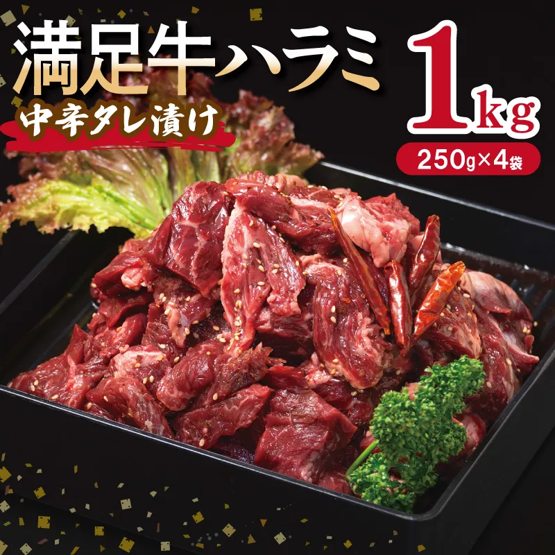 【満足牛ハラミ】中辛タレ漬け 合計1kg 【味付け ハラミ 小分け 焼くだけ 簡単調理 BBQ 牛肉 250g×4P】 G3357