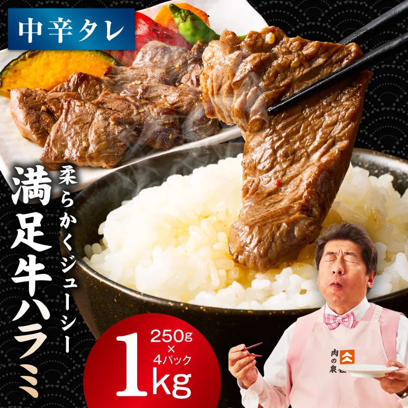 【満足牛ハラミ】中辛タレ漬け 合計1kg 【味付け ハラミ 小分け 焼くだけ 簡単調理 BBQ 牛肉 250g×4P】 G3357